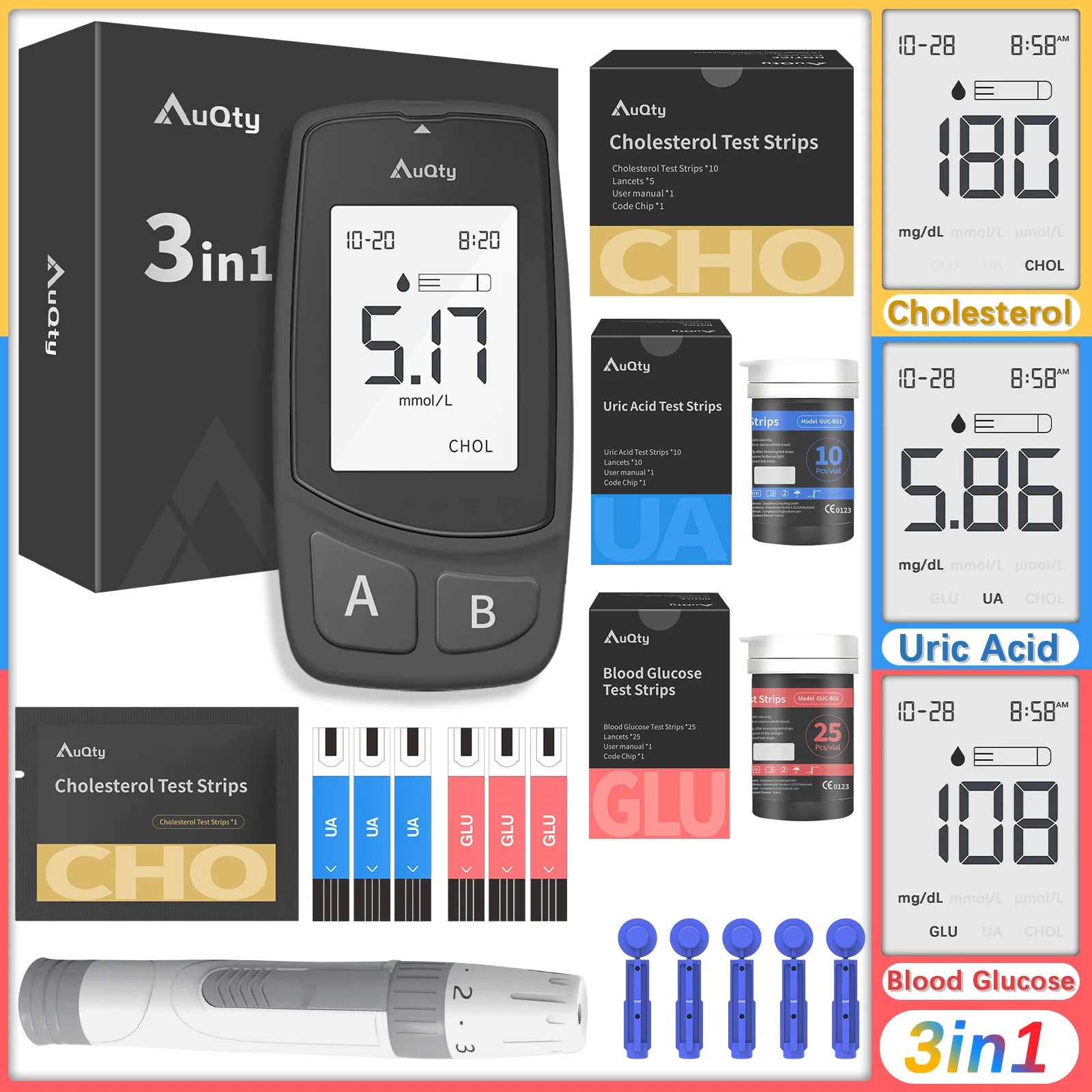 3-in-1 Cholesterol, Uric Acid & Glucose Meter Kit